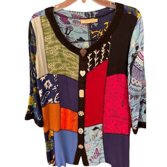 La Cera Tunic Blouse Womens Medium Artsy Wooden Button Patchwork Art to Wear - Picture 3 of 7
